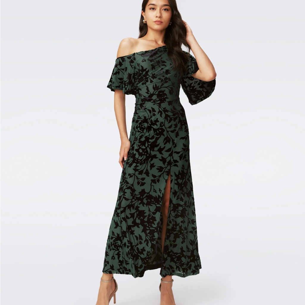 Diane Von Furstenberg Green Off-Shoulder Maxi Dress